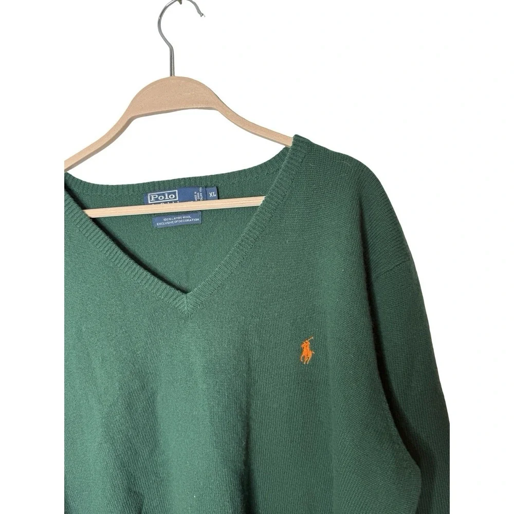 Polo Ralph Lauren V Neck Sweater‎ Men XL Green Lambswool Embroidered Orange Pony
